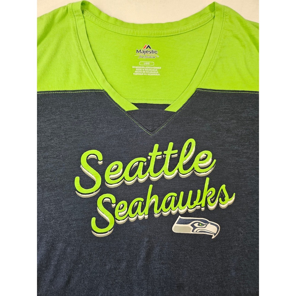 Majestic Seattle Seahawks Women's V-Neck Tee‎ Navy Blue Neon Green Logo Size Lg - Picture 3 of 9